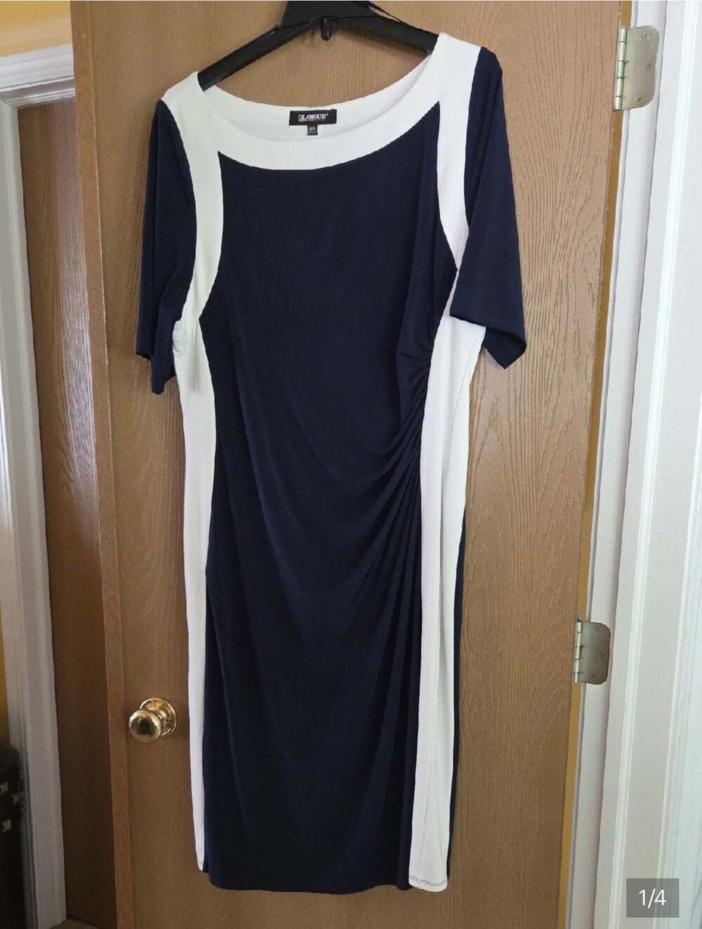 Glamour Navy and White Colorblock Midi Dress with Side Ruched Detail